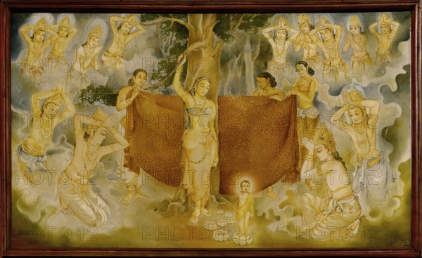 Temple of the sacred Tooth Relic or Sri Dalada Maligawa, Painted panel depicting the history of the Sacred Tooth Relic, New Shrine room or Alut Maligawa ceiling, Kandy, Sri Lanka