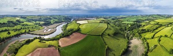 Panorama of Farms and Fields over River Dart from a drone, Stoke Gabriel, Totnes, Devon, England, United Kingdom