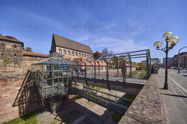 Pedestrian bridge, lantern, pavement, city fortification, city wall, historic buildings, trees, blue sky, cirrostratus clouds, Frauentor wall, Nuremberg, Middle Franconia, independent city, Bavaria, Germany