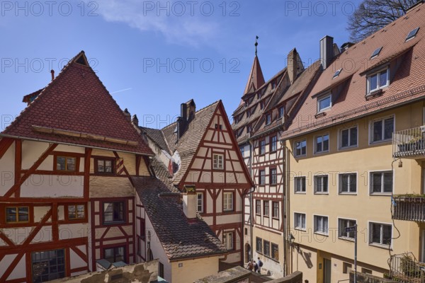 Historic half-timbered houses, residential buildings, gables, pointed roofs, facade, windows, blue sky, cirrostratus clouds, Obere Schmiedgasse, Nuremberg, Middle Franconia, independent city, Bavaria, Germany