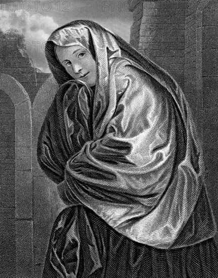 Portrait of a Venetian woman, woman with veil, steel engraving after a painting by Giovanni Girolamo Savoldo, Historic, digitally restored reproduction of a 19th century original