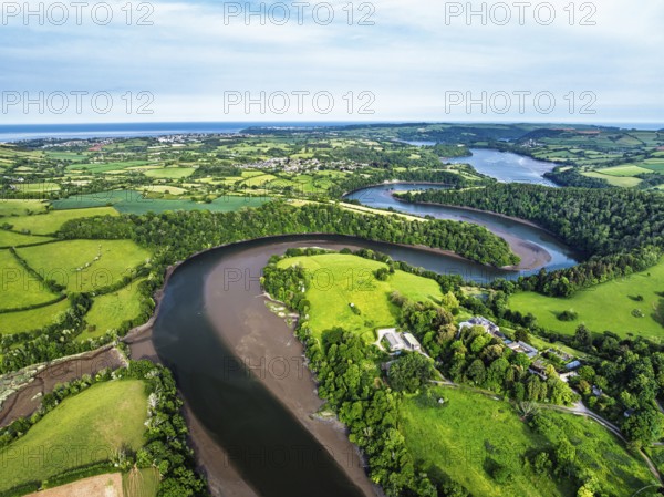 Farms and Fields over River Dart from a drone, Stoke Gabriel, Totnes, Devon, England, United Kingdom
