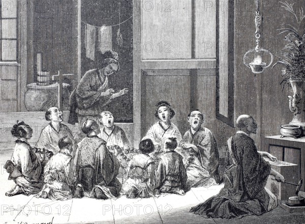 Japanese family gathered for prayer, praying, religion, home altar, 1870, Japan, Historical, digitally enhanced reproduction of a 19th century model