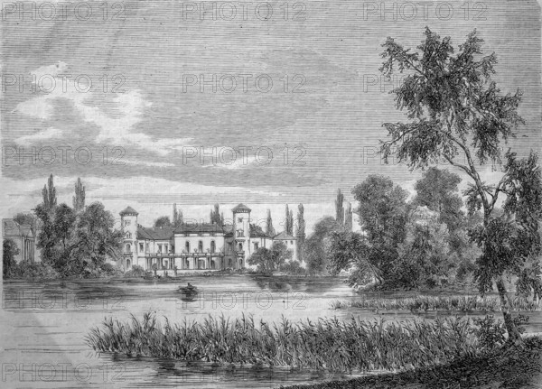 Rheinsberg Castle in the municipality of Rheinsberg, north-west of Berlin in the district of Ostprignitz-Ruppin, Germany, Historical, Reproduction from an original with a scene from the 19th century