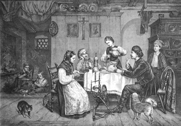 The student on holiday at home with his family at the kitchen table, Historical, Reproduction from a model with a scene from the 19th century