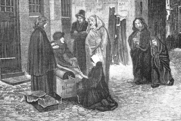 Women in winter in Brussels, meeting in winter clothes in front of a house, Historical, Reproduction from a model with a scene from the 19th century