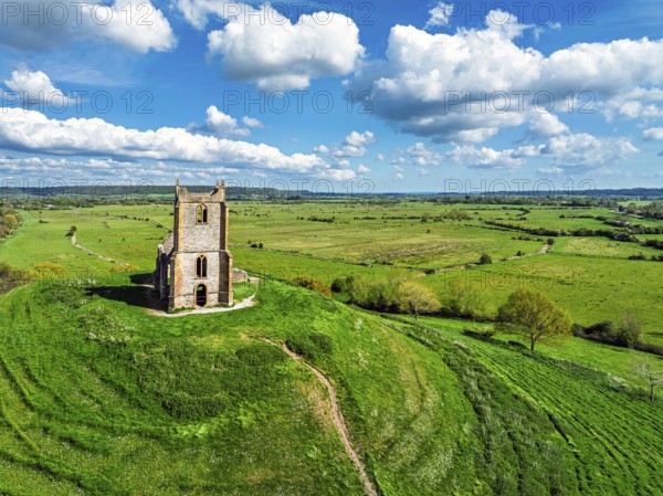 Burrow Mump from a drone, Southlake Moor, Burrowbridge, Taunton, Somerset, England, United Kingdom