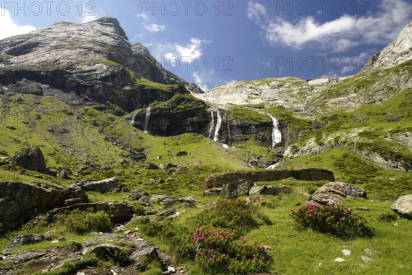 Waterfall at the Cirque de Troumouse basin in the Pyrenees National Park near Gavarnie-Gèdre, France