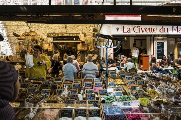Market stall with herbs, market hall, Marche Provencal, Antibes, Provence Alpes Côte d'Azur, South of France, France