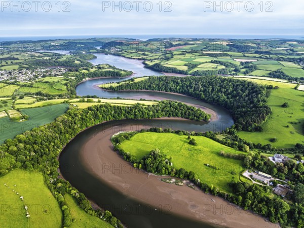 Farms and Fields over River Dart from a drone, Stoke Gabriel, Totnes, Devon, England, United Kingdom