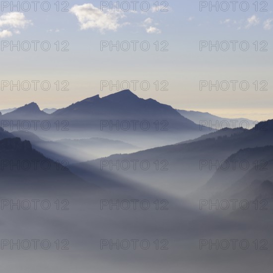 Mountain silhouettes... Alpine peaks and mountain ranges in the Bavarian Alps, light fog rises from the valleys, which creates an idyllic atmosphere in the light of the low sun, romantic view from Oberstdorf towards Kleinwalsertal, local nature, Bavaria, Allgäu, Allgäu Alps, Bavarian, Germany, Western Europe