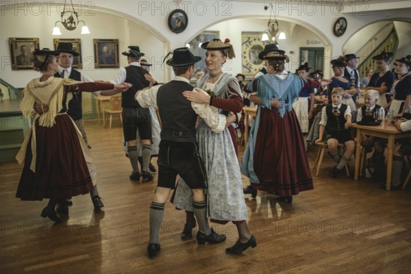 Traditional traditional costume anniversary of the Trachtenverein Schliersee Stamm 1888, dance in the hall of the Bauerntheater, Schliersee, Upper Bavaria, Bavaria, Germany, 2025