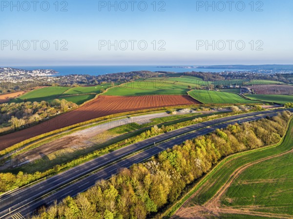Farms and Fields over Torquay from a drone, Devon, England, United Kingdom