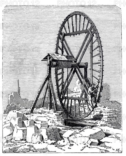 Lifting loads in quarries using a wheel driven by human power, digitally enhanced reproduction of a 19th century model, historical, exact date unknown
