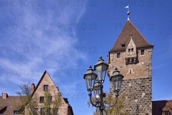 School tower, lantern, historic building, blue sky, cirrostratus clouds, Nuremberg, Middle Franconia, independent city, Bavaria, Germany
