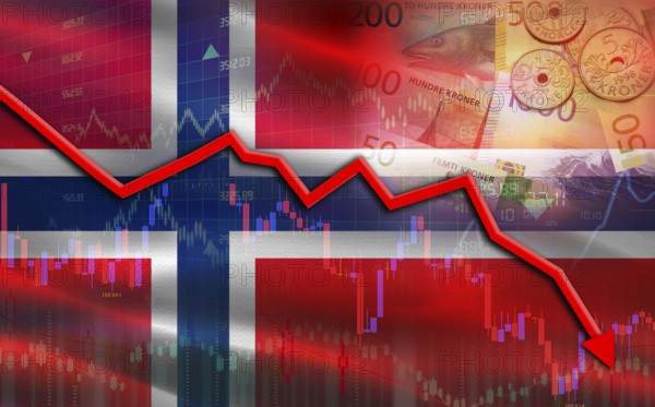 Norway financial fall on economy market. Norway financial crisis on economic graph
