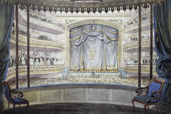 Stage, Ducal Theatre, 1845, Coburg, Upper Franconia, Bavaria, Germany, Historical, digitally enhanced reproduction of a 19th century original