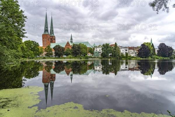 Mill pond and Lübeck Cathedral, Hanseatic City of Lübeck, Schleswig-Holstein, Germany