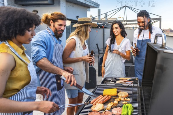 Chefs grilling juicy meat, fresh corn, and vibrant peppers while friends savoring drinks enjoy a lively rooftop gathering under the sun