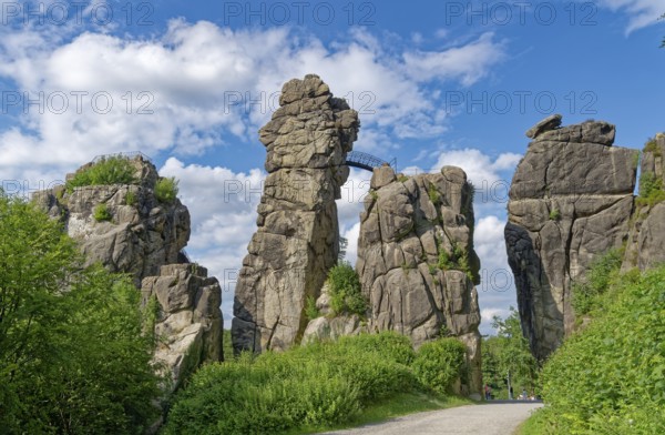 The Externsteine, a sandstone rock formation around 40 metres high in the Teutoburg Forest, are a natural landmark and a protected natural and cultural monument. They are regarded as a place of power and are considered to have special cultural and historical significance. The rocks are considered a place of power. Horn-Meinberg, North Rhine-Westphalia, Germany