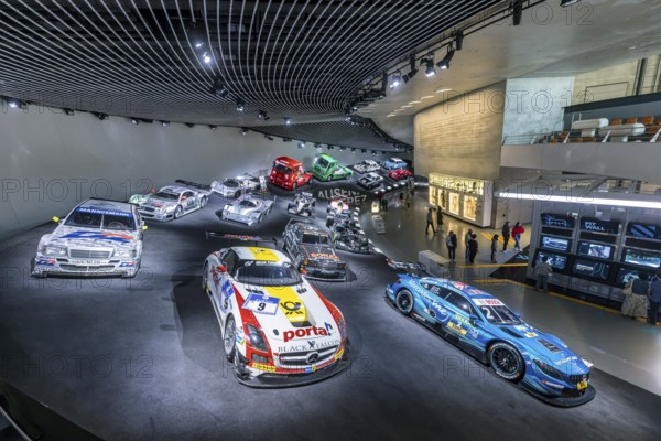 The Mercedes-Benz Museum in Stuttgart presents a journey through the automotive history of the global corporation. Myth 7: Racing cars and Silver Arrows - races and records. The history of the Mercedes star begins with the first automobile in 1886. Stuttgart, Baden-Württemberg, Germany