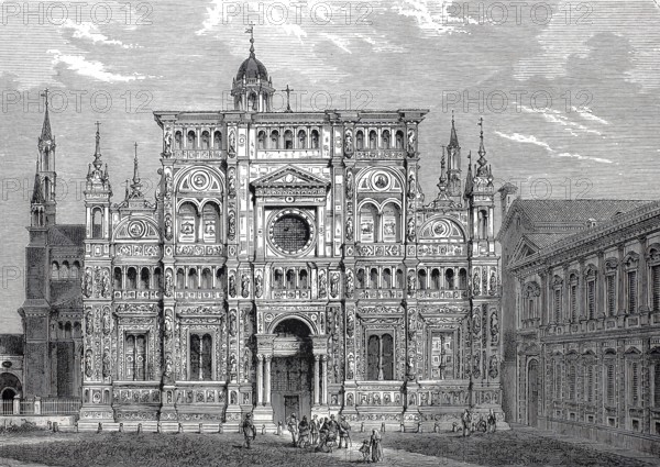 Facade of the Church of Madonna delle Grazie around 1800, Certosa di Pavia, monastery complex built for the Carthusian Order in the municipality of Certosa di Pavia in the Italian province of Pavia, Lombardy region, Italy, Historical, digitally restored reproduction of a 19th century model
