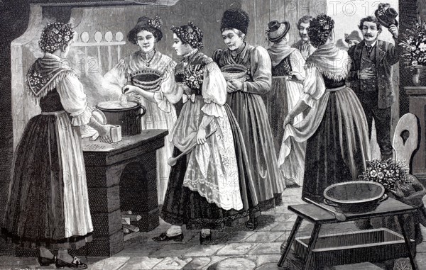 Soup salting, a wedding custom in Upper Bavaria, The bride must flavour the wedding soup and prove that she is a good housewife, 1888, Bavaria, Germany, Historical, digitally enhanced reproduction of a 19th century original