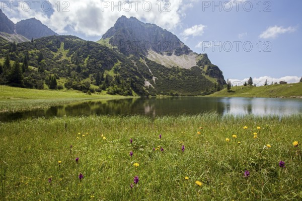Lower Gaißalpsee, behind Rubihorn, near Oberstdorf, Oberallgäu, Allgäu Alps, Allgäu, Bavaria, Germany