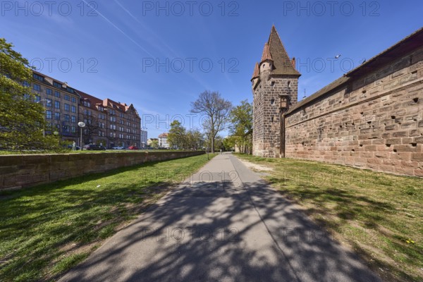 City fortification, city wall, defence defence tower, footpath, old town, general architecture, sandstone wall, trees, lawn, lantern, blue sky, cirrostratus clouds, Frauentor wall, Spittlertorzwinger, Frauentor moat, Nuremberg, Middle Franconia, independent city, Bavaria, Germany