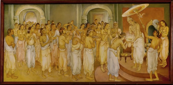 Temple of the sacred Tooth Relic or Sri Dalada Maligawa, Painted panel depicting the history of the Sacred Tooth Relic, New Shrine room or Alut Maligawa ceiling, Kandy, Sri Lanka