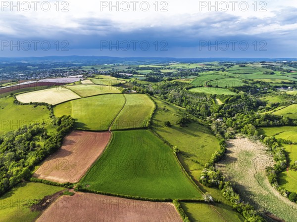 Farms and Fields over River Dart from a drone, Stoke Gabriel, Totnes, Devon, England, United Kingdom