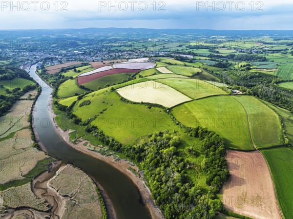 Farms and Fields over River Dart from a drone, Stoke Gabriel, Totnes, Devon, England, United Kingdom