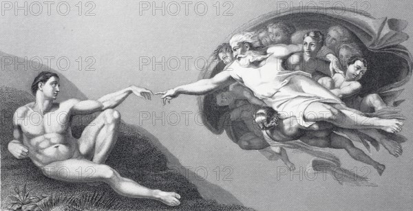 The Creation of Man, Sistine Chapel, steel engraving after the fresco by Michelangelo, Vatican, Rome, Historical, digitally restored reproduction of a 19th century original
