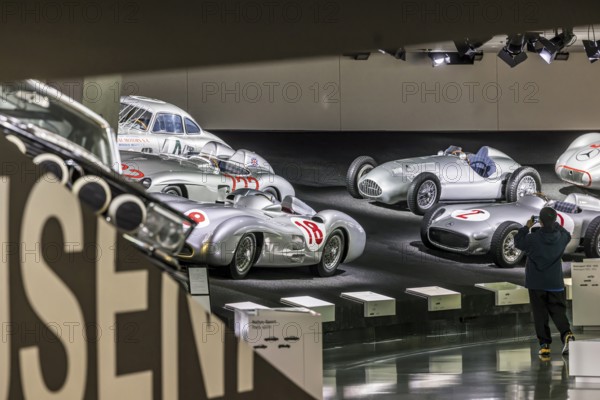 The Mercedes-Benz Museum in Stuttgart presents a journey through the automotive history of the global corporation. Myth 7: Racing cars and Silver Arrows - races and records. The history of the Mercedes star begins with the first automobile in 1886. Stuttgart, Baden-Württemberg, Germany