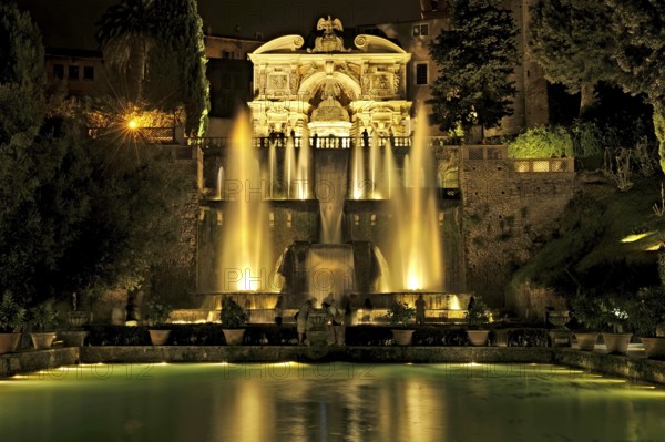 Fish ponds, Neptune Fountain, Fontana di Nettuno, Fountain of the Hydraulic Organ, Fontana dell'Organo, Renaissance garden of Villa d'Este, water features, fountains, atmospheric illumination at night, UNESCO World Heritage Site, Tivoli, metropolitan city of Rome, Lazio, Italy