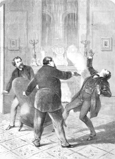 Prince Pierre Napoleon Bonaparte, a nephew of Napoleon Bonaparte shoots Victor Noir, actually Yvan Salmon (27 July 1848 - 11 January 1870), French journalist and socialist, 11 January 1870, France, Historical, Reproduction from a 19th century scene