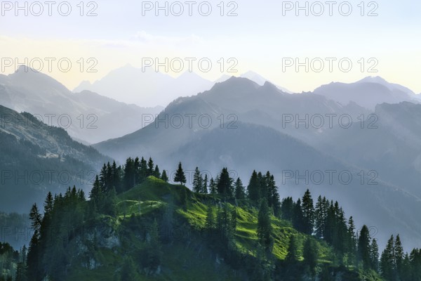 View from the Pragel Pass over the Muota Valley in the evening light, Central Swiss Alps, Canton Schwyz, Switzerland