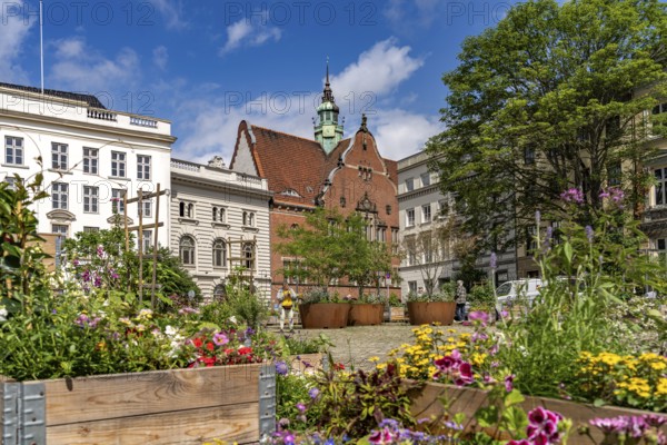 Flower boxes on Geibelplatz and the Ernestinenschule in the Hanseatic city of Lübeck, Schleswig-Holstein, Germany