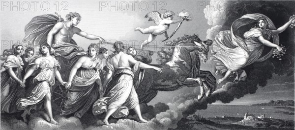 Aurora, in place of the Greek goddess Eos, a poetic designation of the dawn and a personalised goddess. As the Greek Eos is the sister of the sun god Helios and the moon goddess Selene, the Roman Aurora is accordingly regarded as the sister of the sun god Sol. Steel engraving after a painting by Guido Reni, historical, digitally restored reproduction of a 19th century original