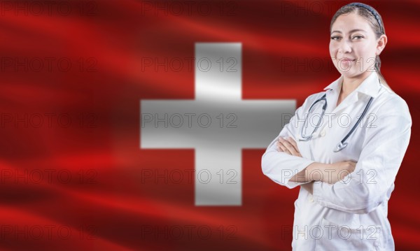 Female doctor on Switzerland flag. Doctor with crossed arms on Switzerland flag. Switzerland health and care concept