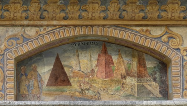Fresco of the Pyramids of Giza at the Fountain of Wonders, 1508, in the courtyard of Neustift St Margarethen Monastery, Vahrn, district of Bolzano, South Tyrol, Italy