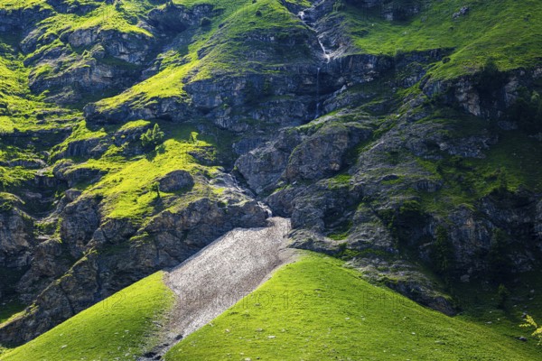 Waterfall and green slopes in a rock face, Zinal valley, Val d'Anniviers, Valais Alps, Canton Valais, Switzerland