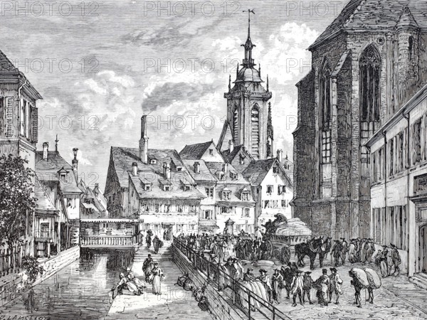 The corn market in Colmar, 1870, Alsace, France, Historical, digitally enhanced reproduction of a 19th century original