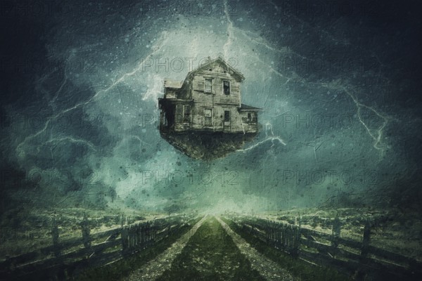 Alluring painting of a flying haunted house with stormy clouds and lightning in the sky. Home ripped from the ground levitating in the air