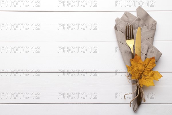 Autumn table setting on white wooden table Thanksgiving or Octoberfest vintage background copy space