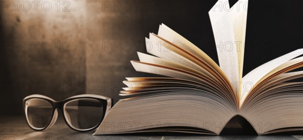 Composition with open book and glasses on the table