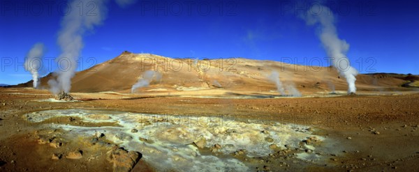 Steam wells, Namarskard, Hverfjell, Iceland, Steam wells, Sulfatarenfeld Namarskard, Iceland, Europe, Landscapes, landscapes, Panorama, landscape, horizontal, overview, overview
