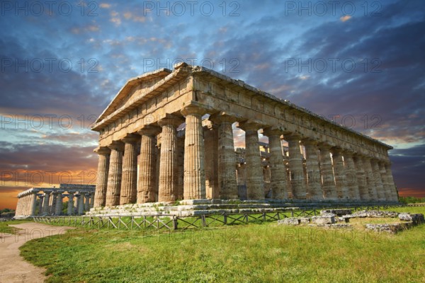 The ancient Doric Greek Temple of Hera of Paestum built in about 460-450 BC. Paestum archaeological site, Italy