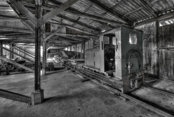 Discarded diesel locomotive in the Bavarian peat and bog museum, Rottau, Grassau, Upper Bavaria, Bavaria, Germany