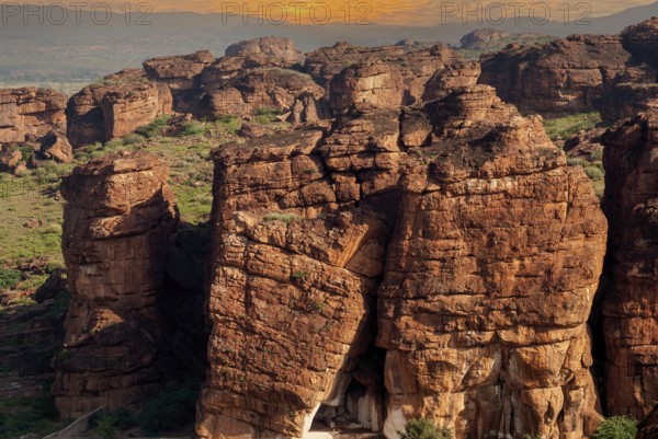 Rust red sandstone Rocks in Badami, Karnataka, South India, India, Asia
